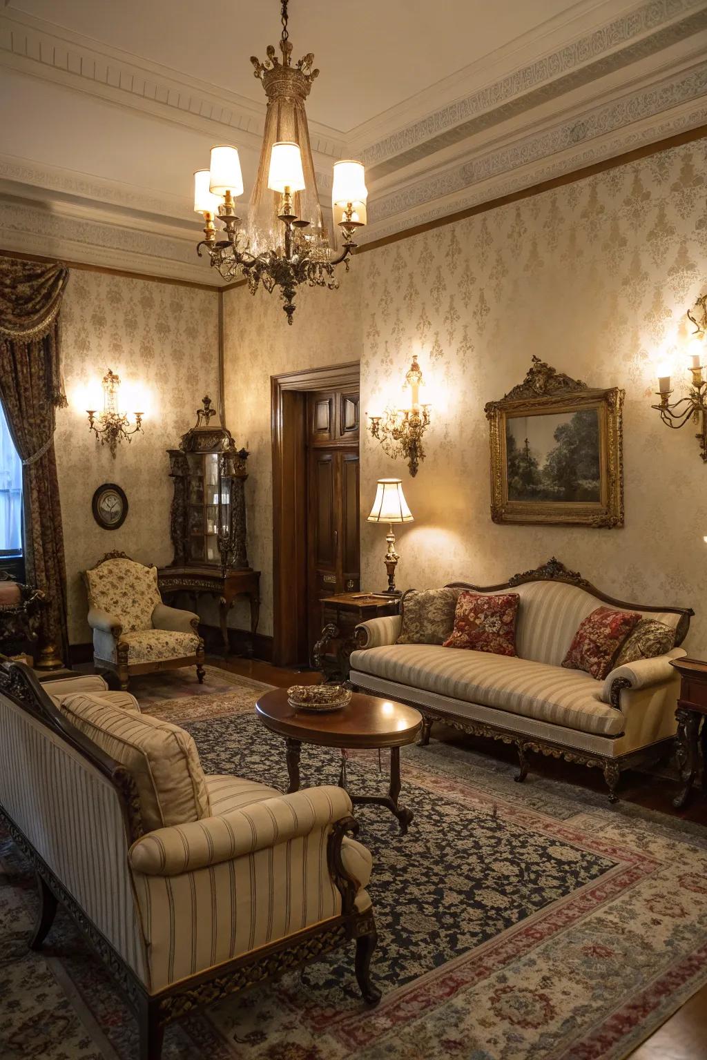 Ornate wall lights provide gentle, ambient lighting in the living room.