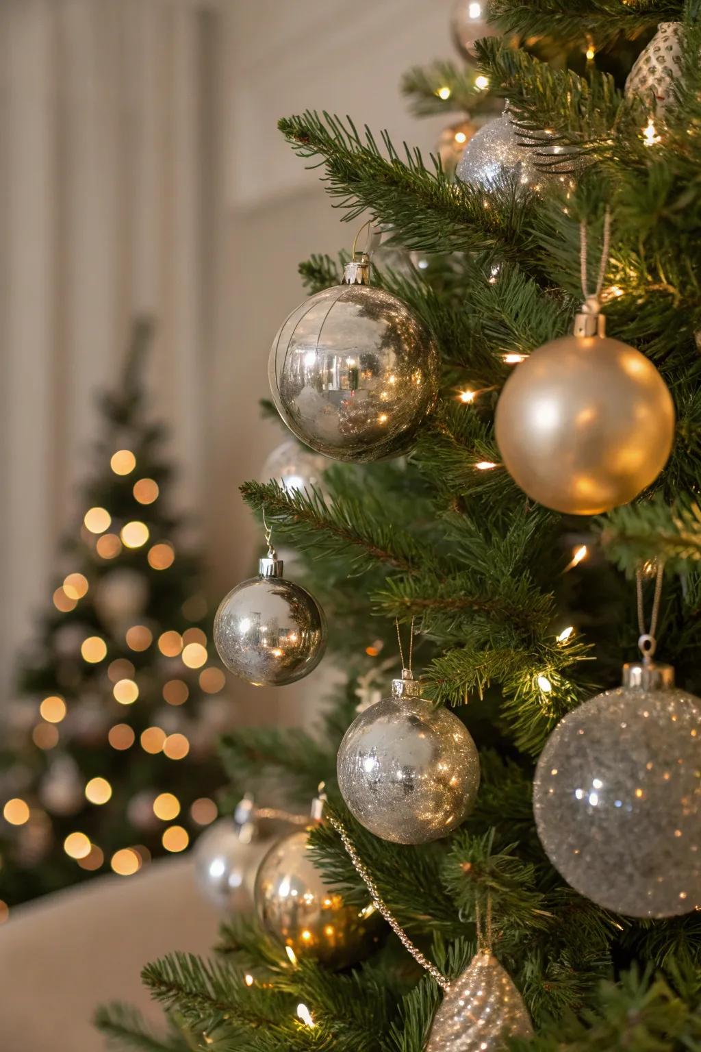 Mercury glass ornaments add elegance and shimmer.