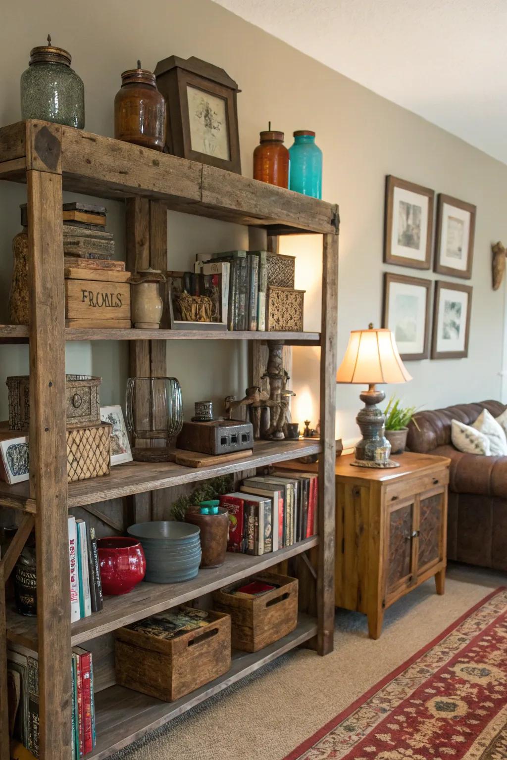 Rustic shelves display vintage collectibles in the living room.