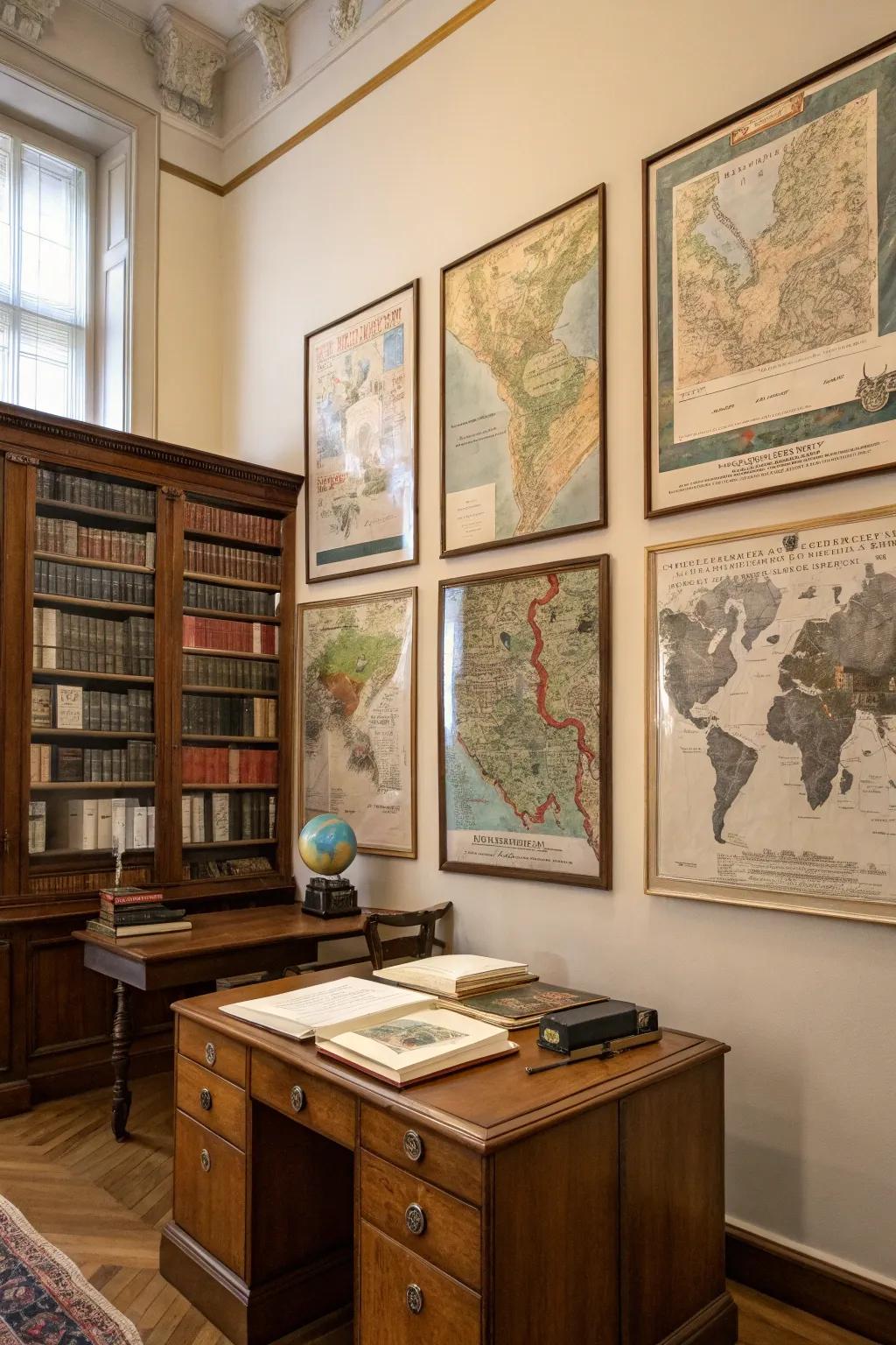 A study room featuring retro maps as wall design.