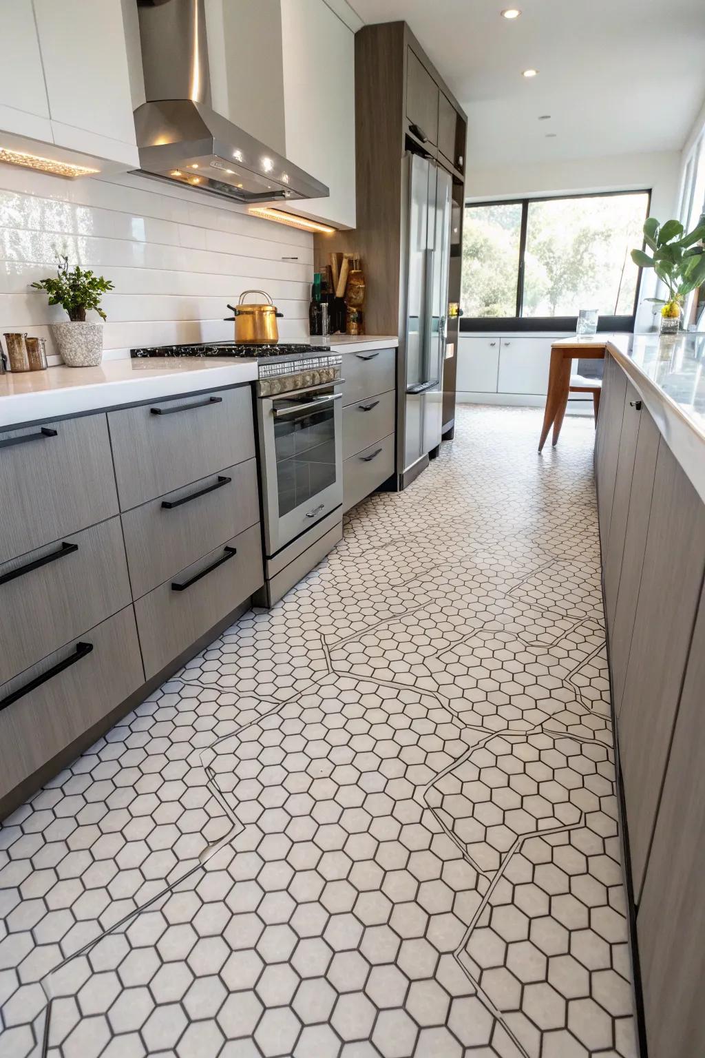 Remain on trend through hexagon pattern vinyl flooring.