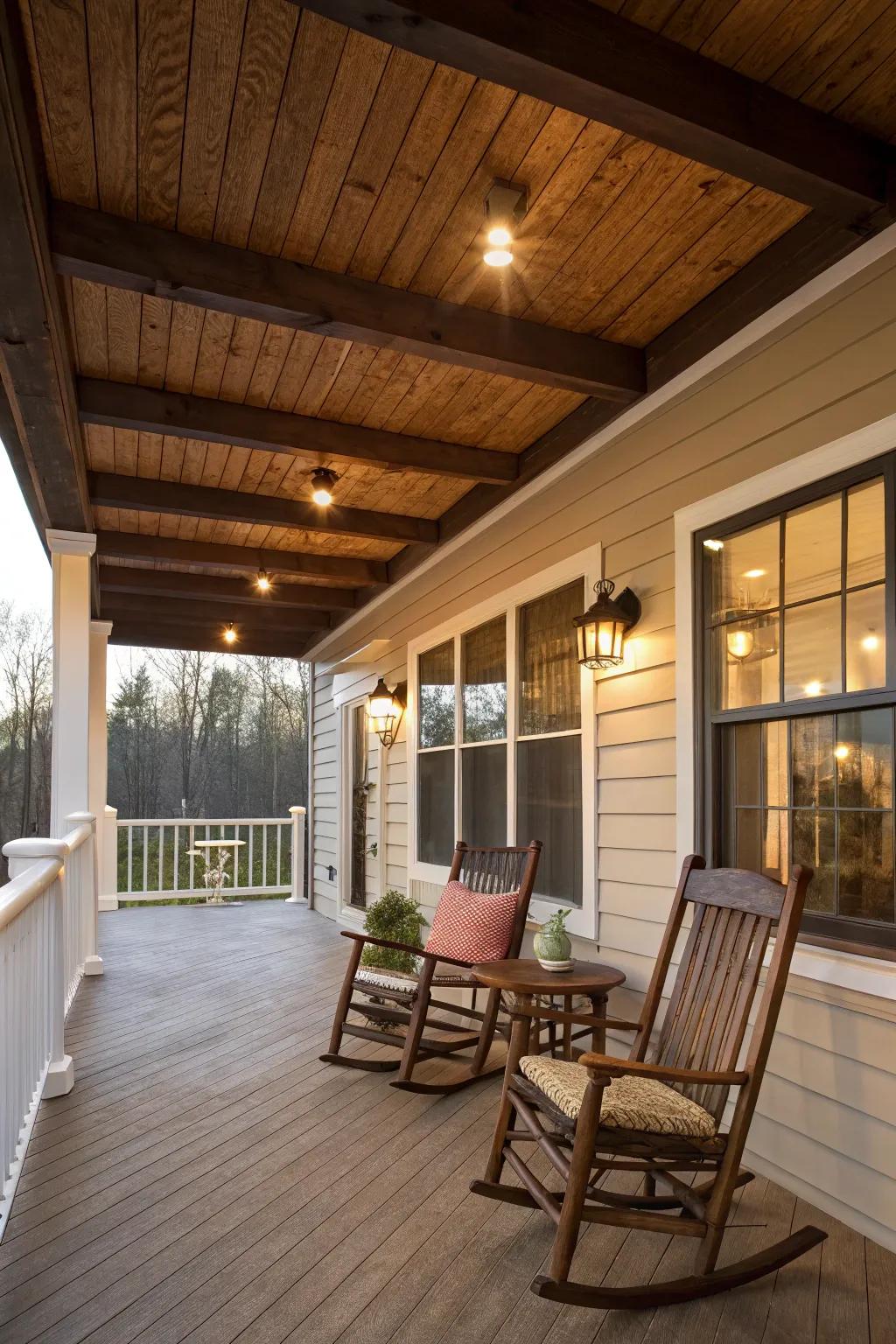 Faux beams on vinyl canopies add rustic charm with ease.