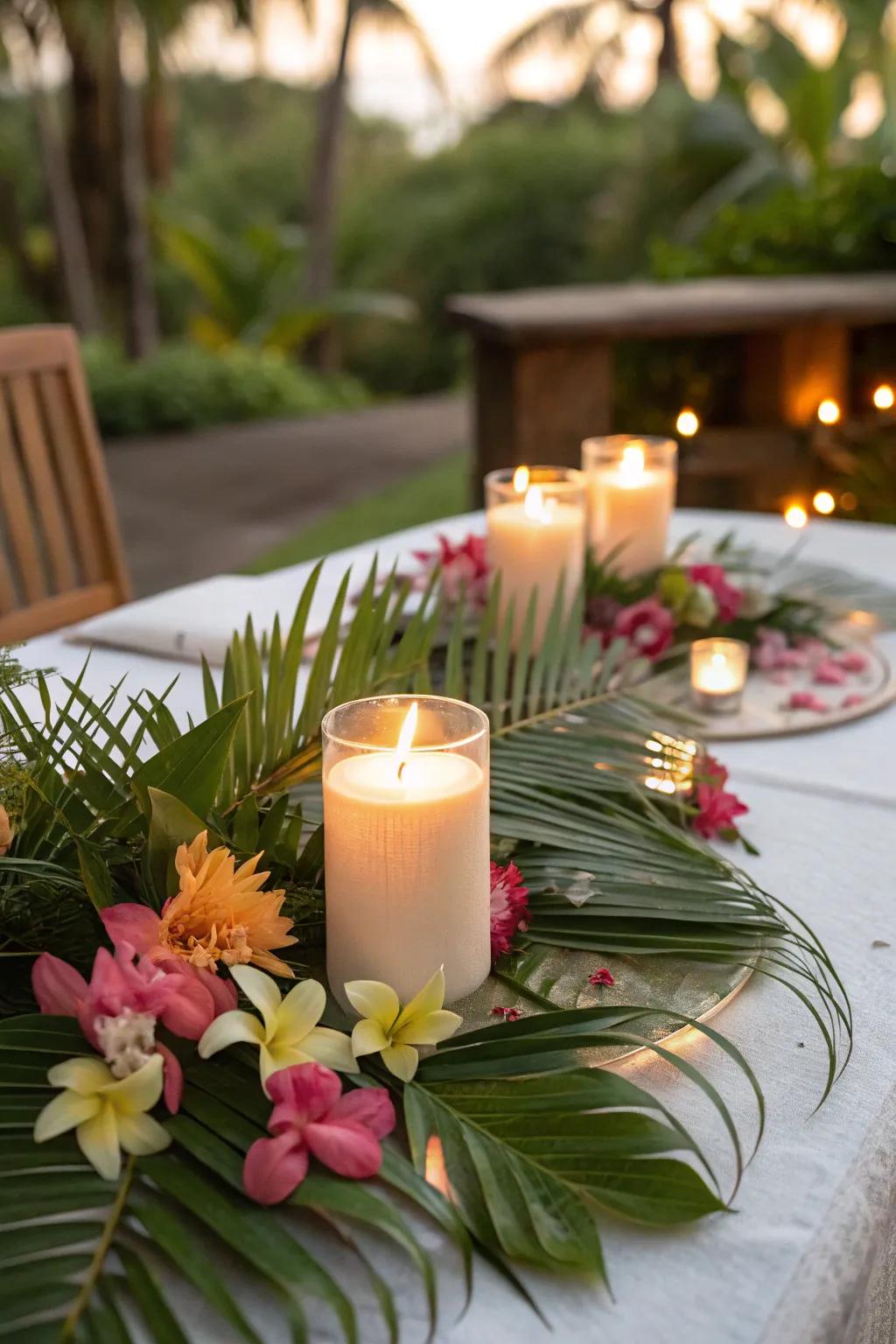 Tropical elements transform votive candles into an exotic getaway.