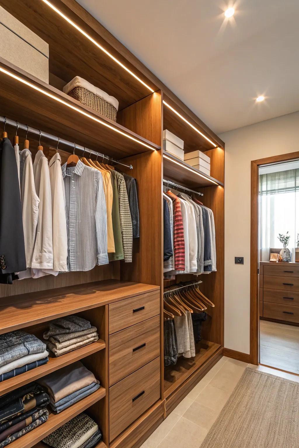 Organic wood elements in the closet crafting a cozy and inviting atmosphere.