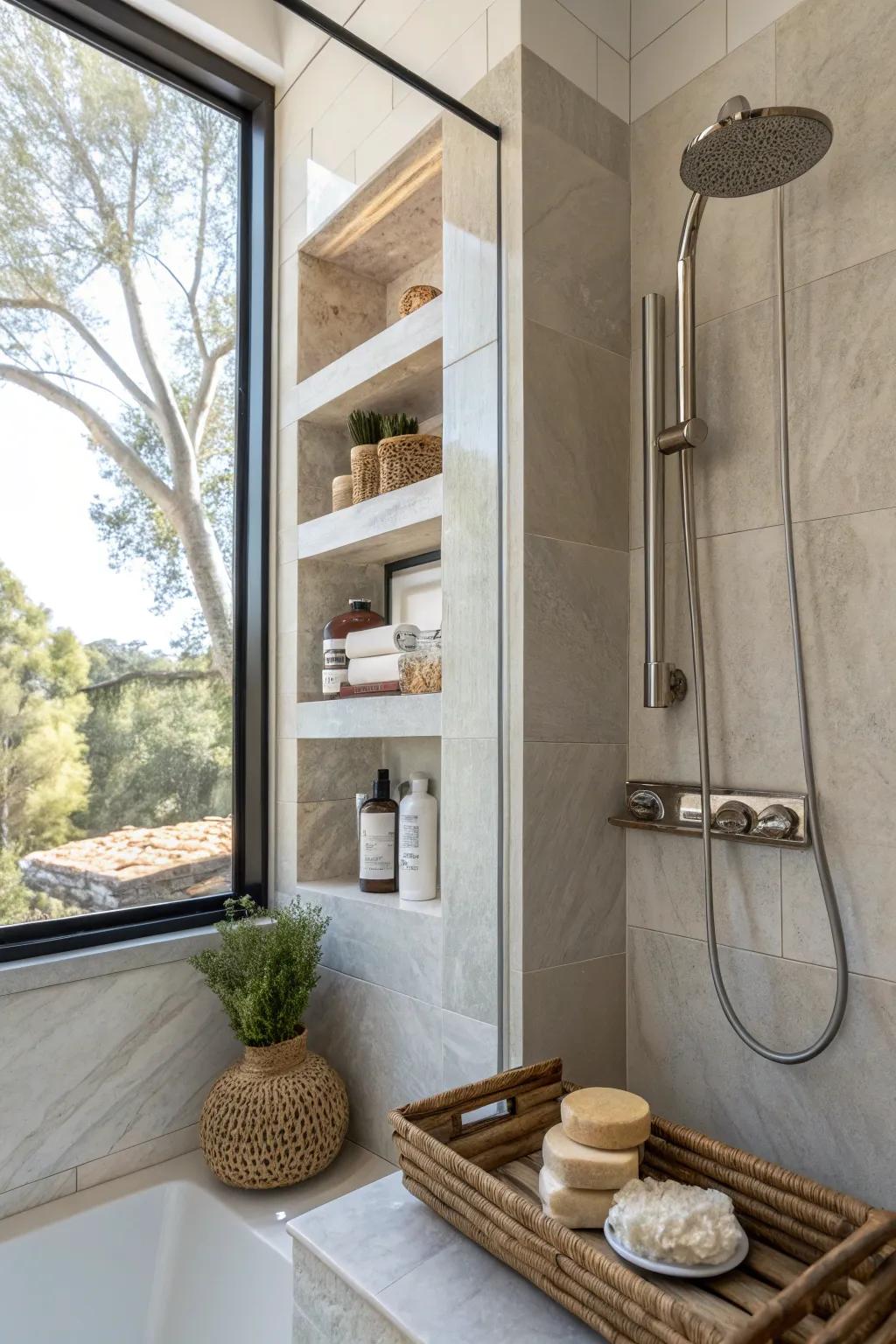 A window ledge in a walk-in shower, blending functionality with style.