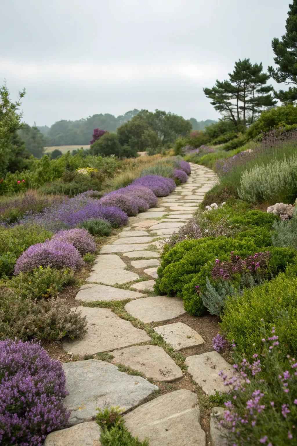 Crawling herb paths contribute fragrance and greenery.