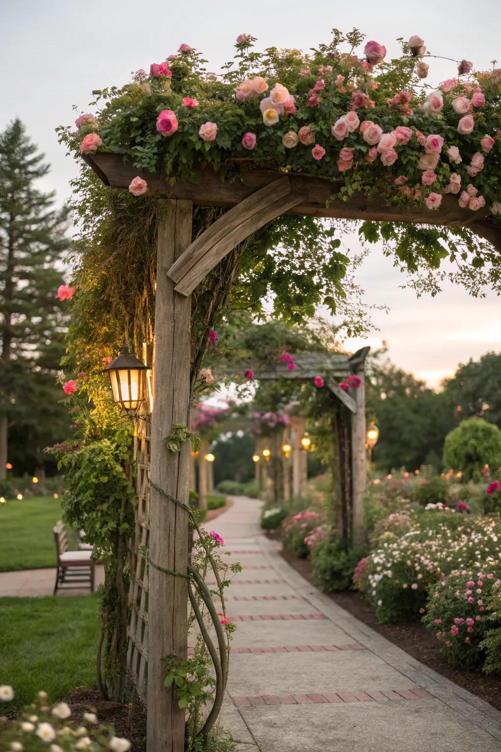 Flower-draped archways fashion a dreamy, romantic garden ambiance.