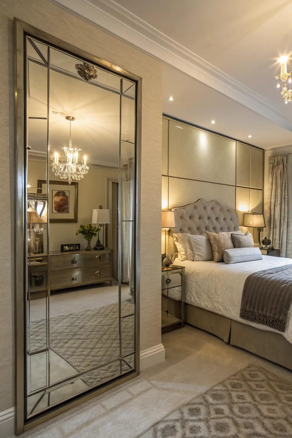 Mirrored art pieces brighten and expand your bedroom.