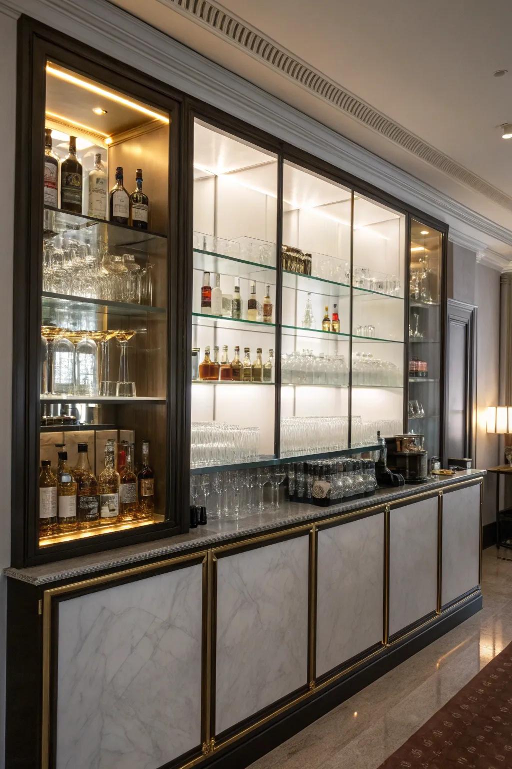 Glass display cases append elegance and sophistication to your bar zone.