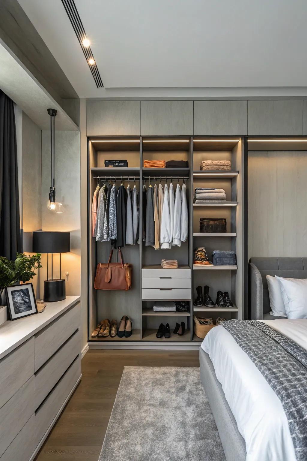 Pull-out racks offer easy access and transform wall closets.