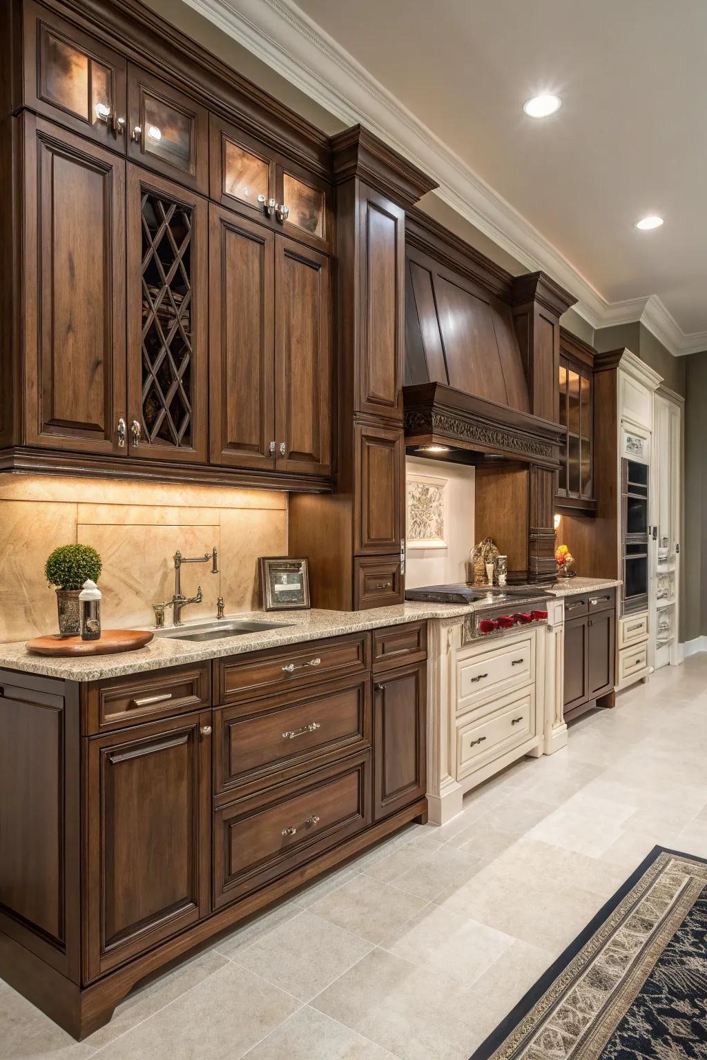 Contrasting hues add depth to walnut cabinetry.