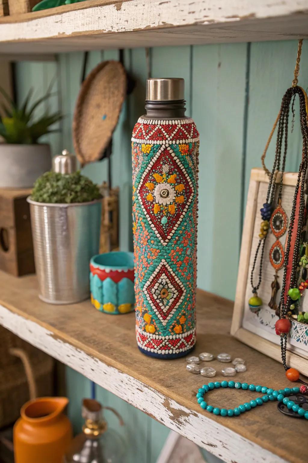 An elegant drinking bottle adorned with elaborate beadwork.