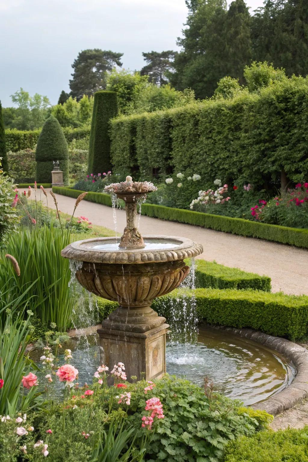 Stacked urn fountains add style.