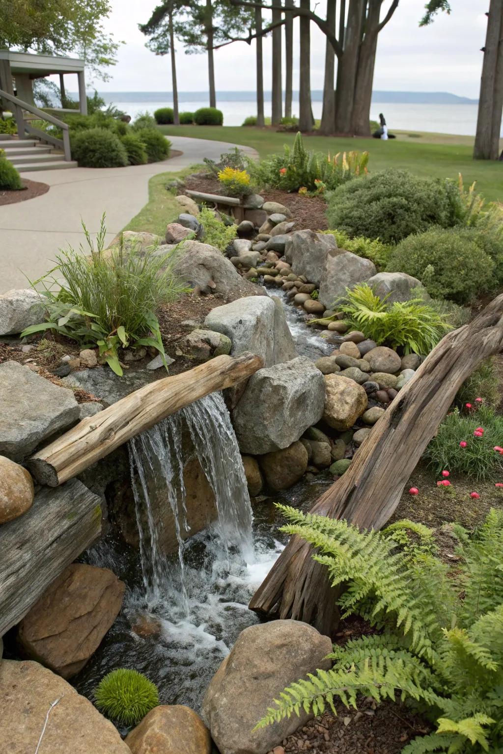 Driftwood injects rustic charm into your waterfall design.