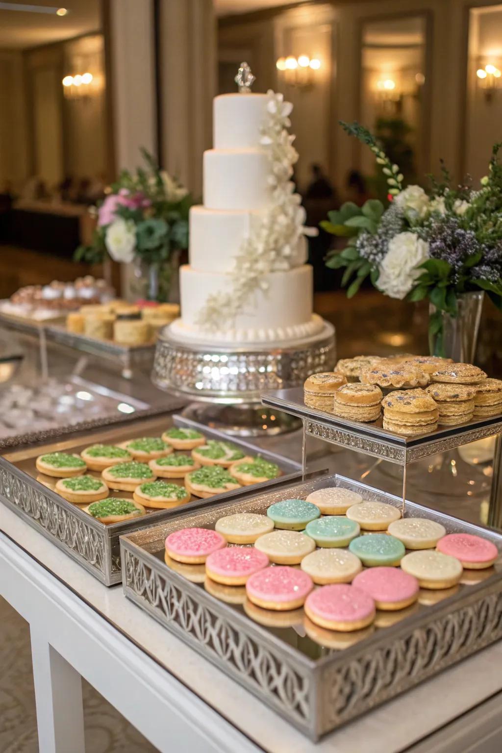Acrylic mirrors add depth and glam to a wedding cookie table.
