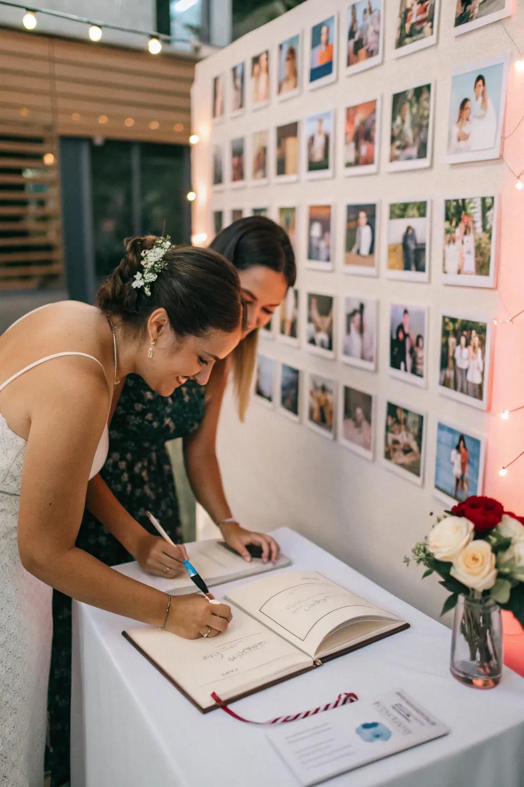 An interactive wedding guestbook featuring a creative photo display.