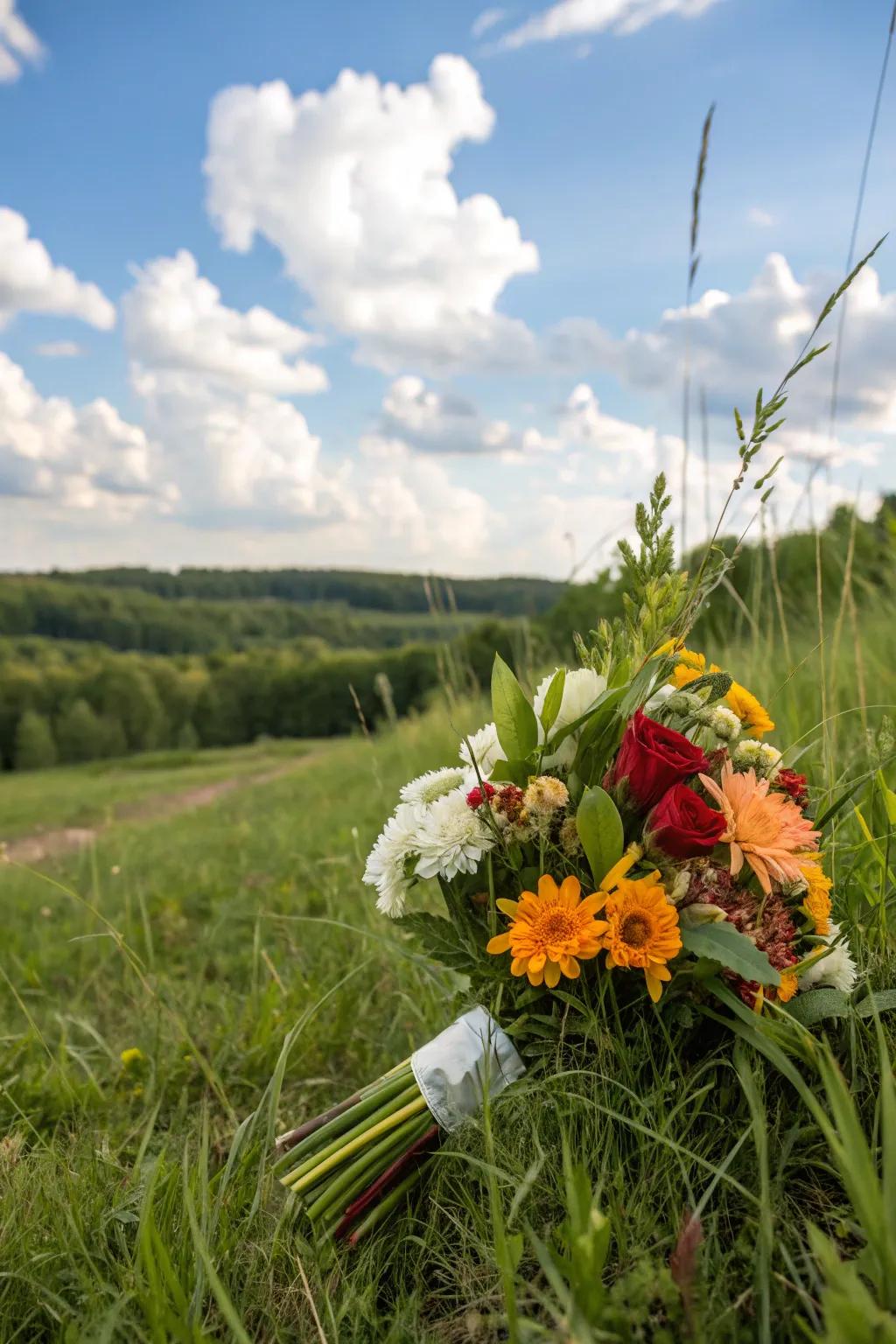 A bouquet featuring seasonal blooms in a natural environment.