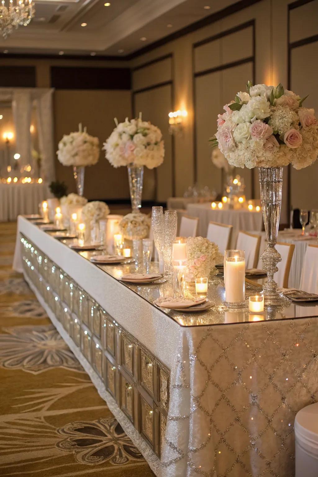 Polished table tops adding a luxurious touch to the head table.