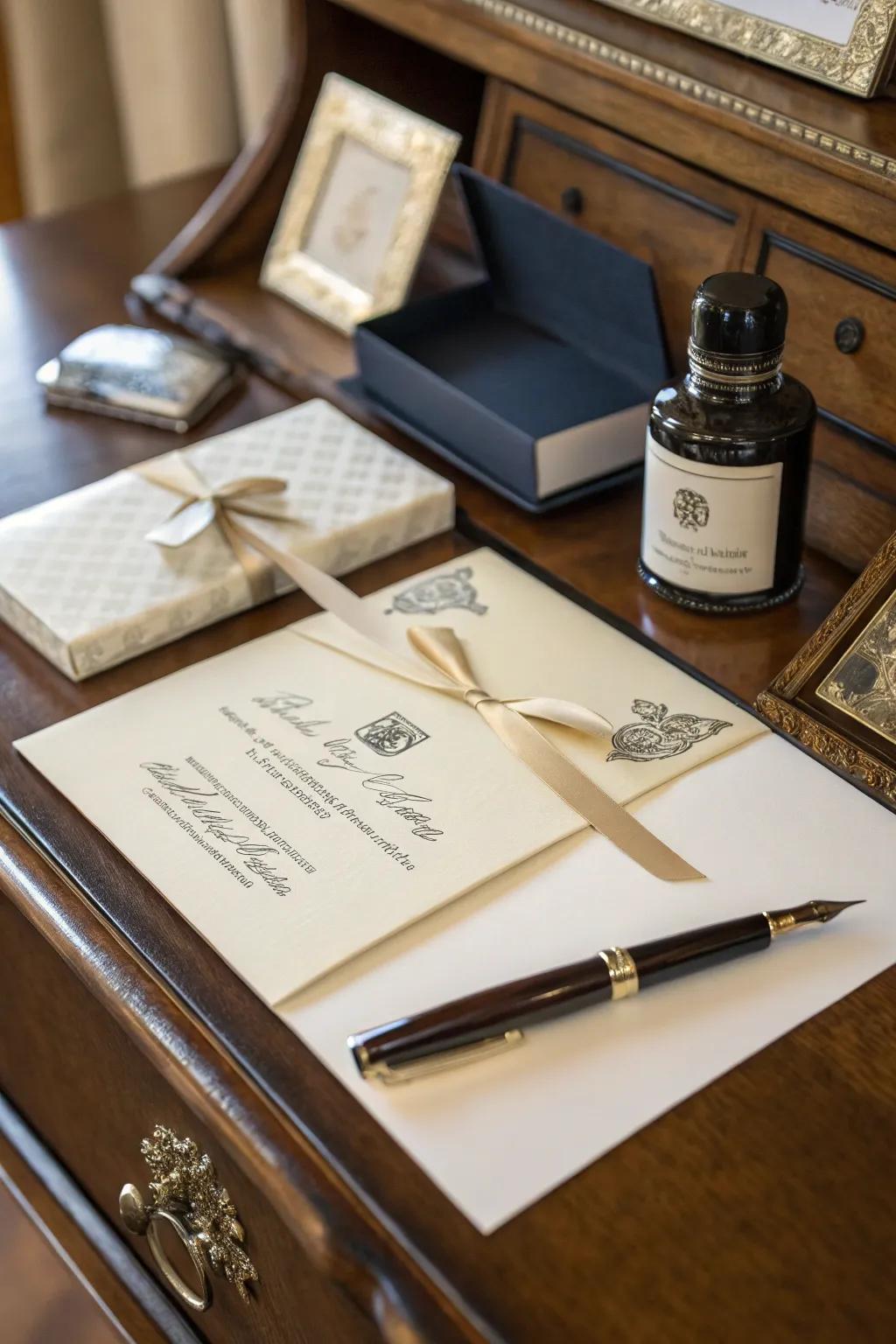 Sophisticated emblazoned ribbon on a wedding invitation.