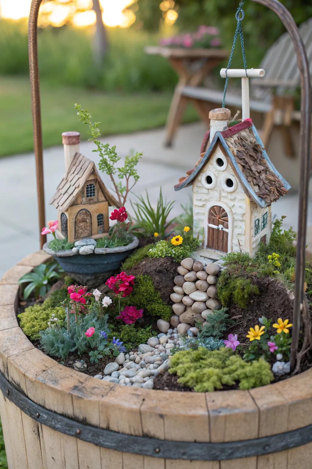 A faerie garden appends a whimsical nuance to this surface feature.