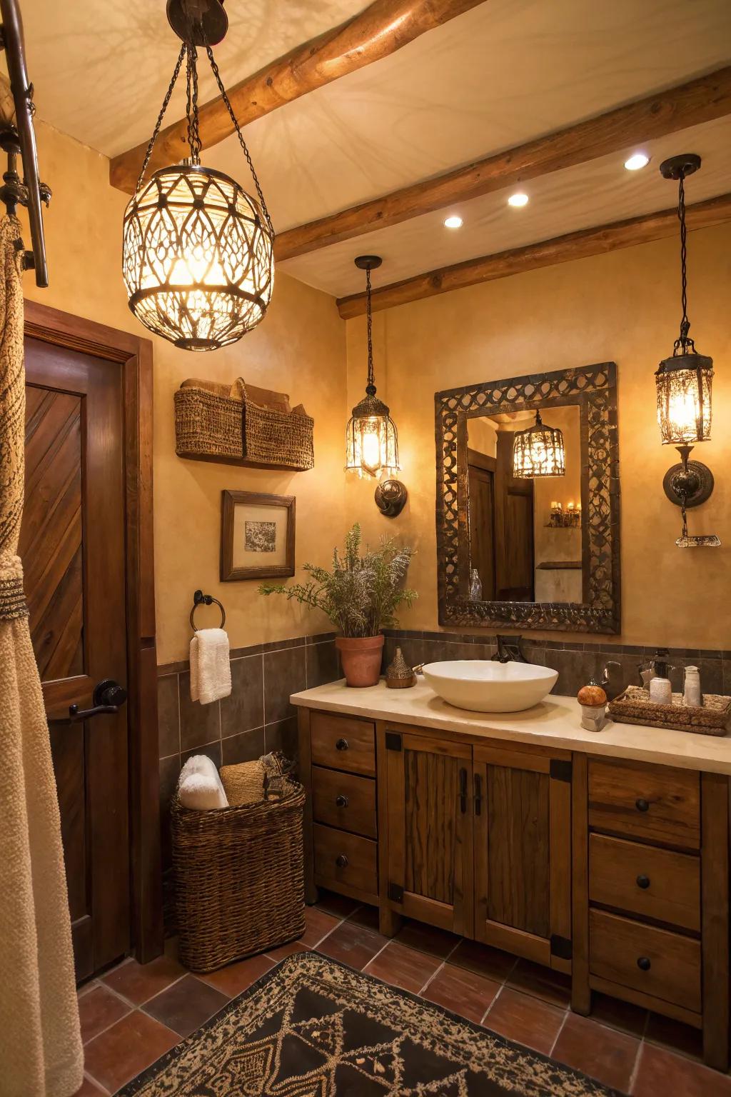 Vintage accent lights enrich this Western bathroom with charm.