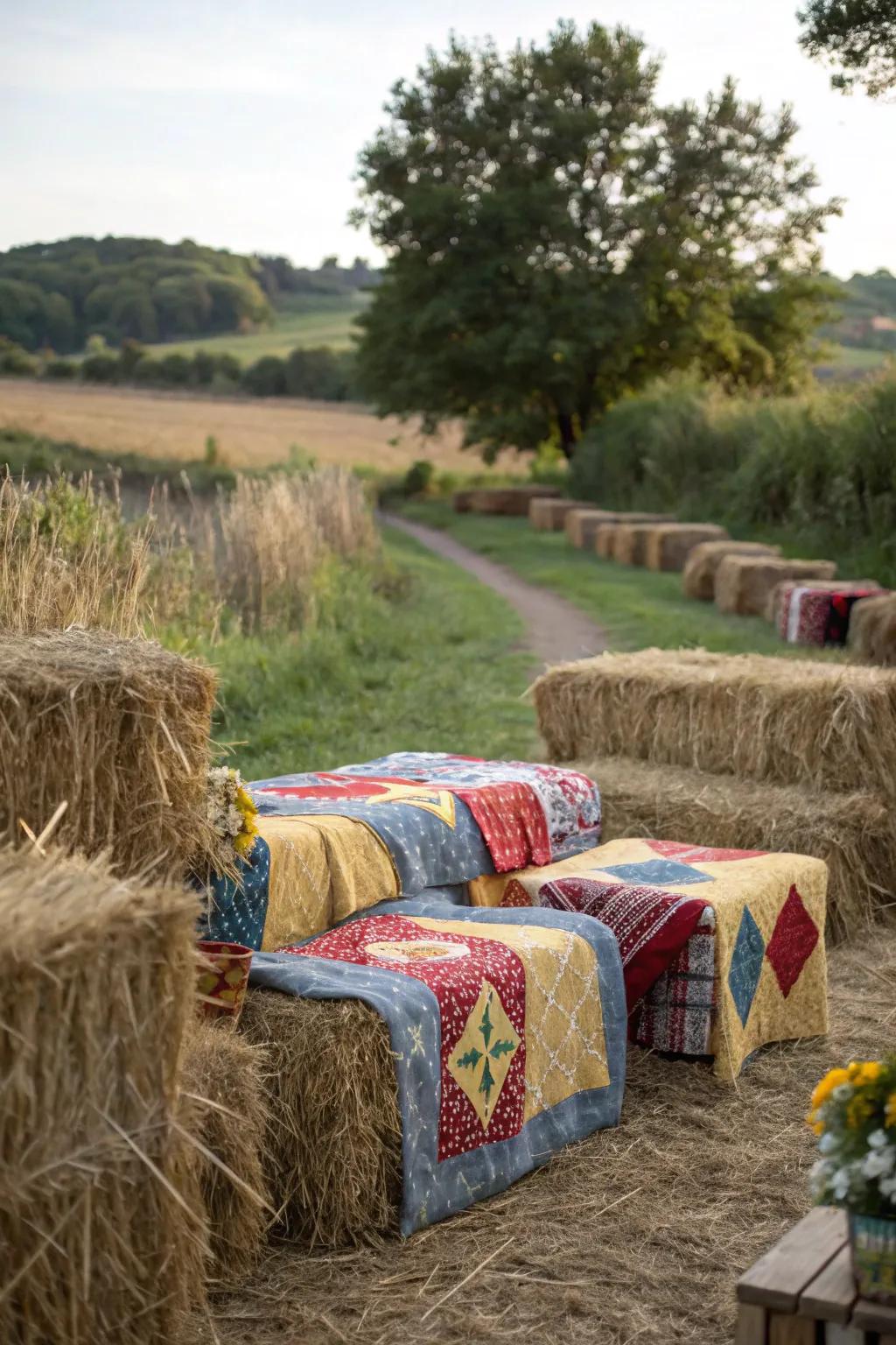 Feed sacks add earthtone charm and relaxing seating.