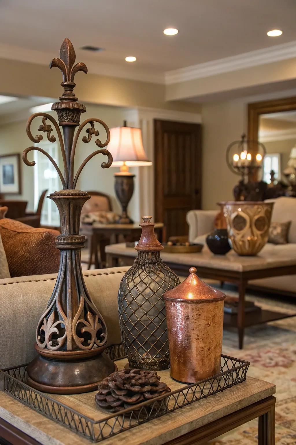 Metallic accents deliver a sleek contrast to unrefined components.
