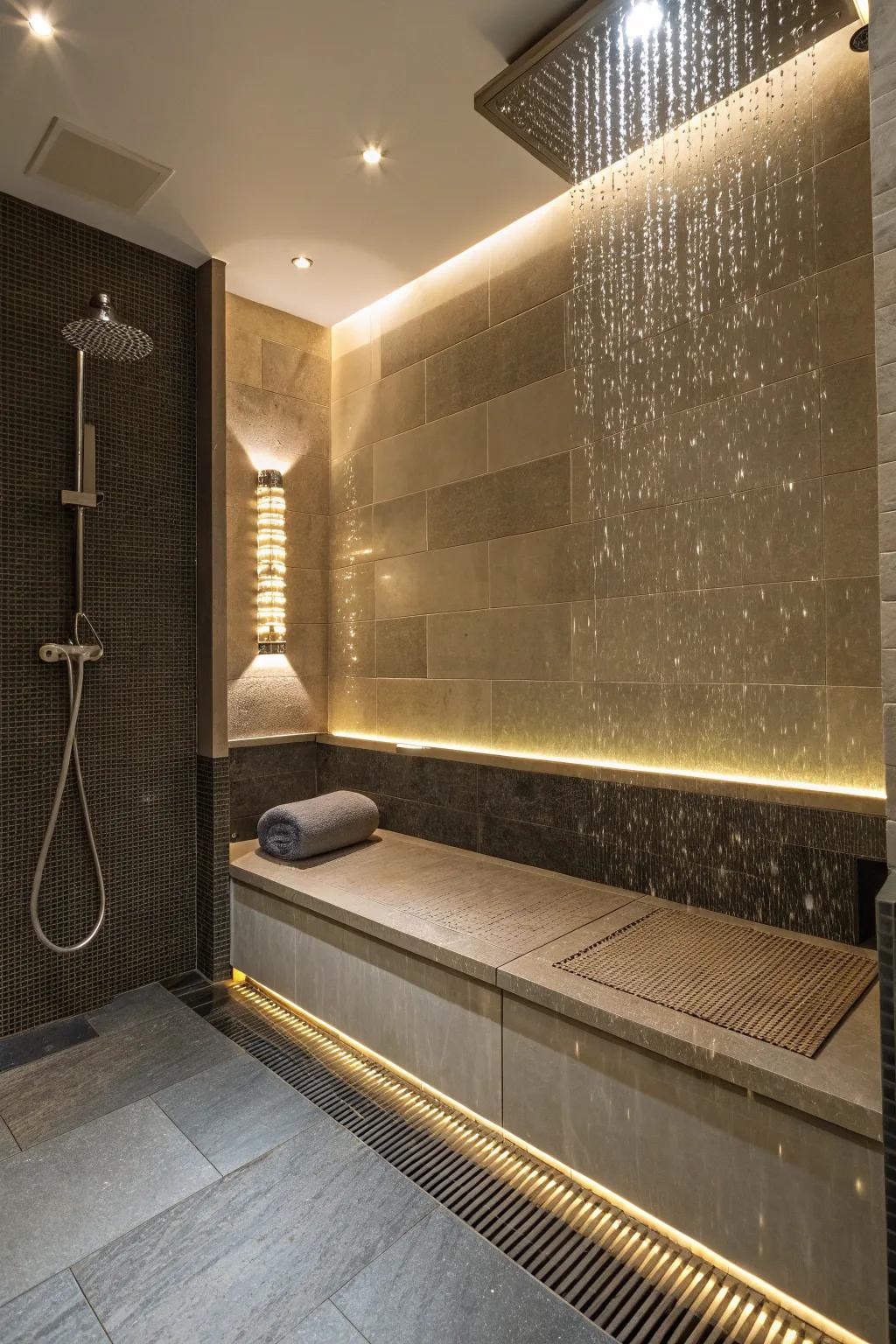 A built-in seat contributes a spa element to the wet room.