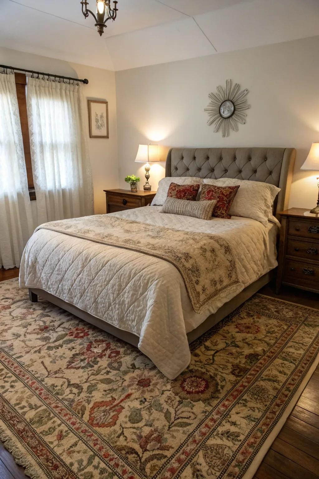 An aged rug introduces character and a storytelling element to the bedroom.