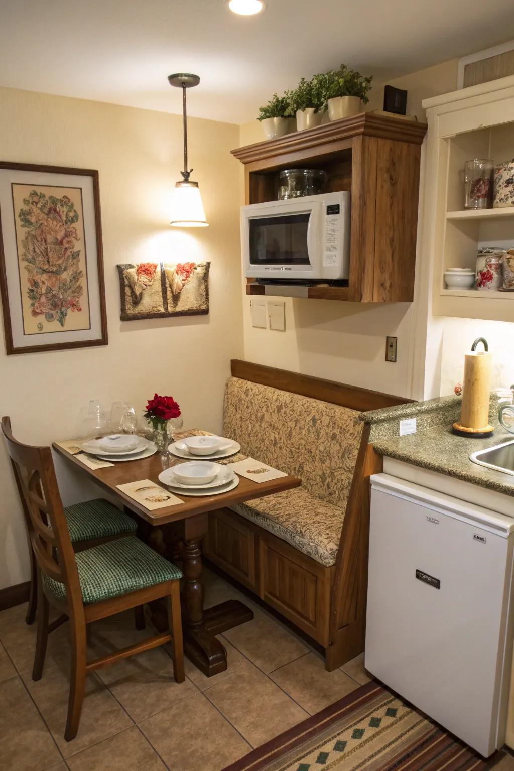 A microwave conveniently located near the dining zone.