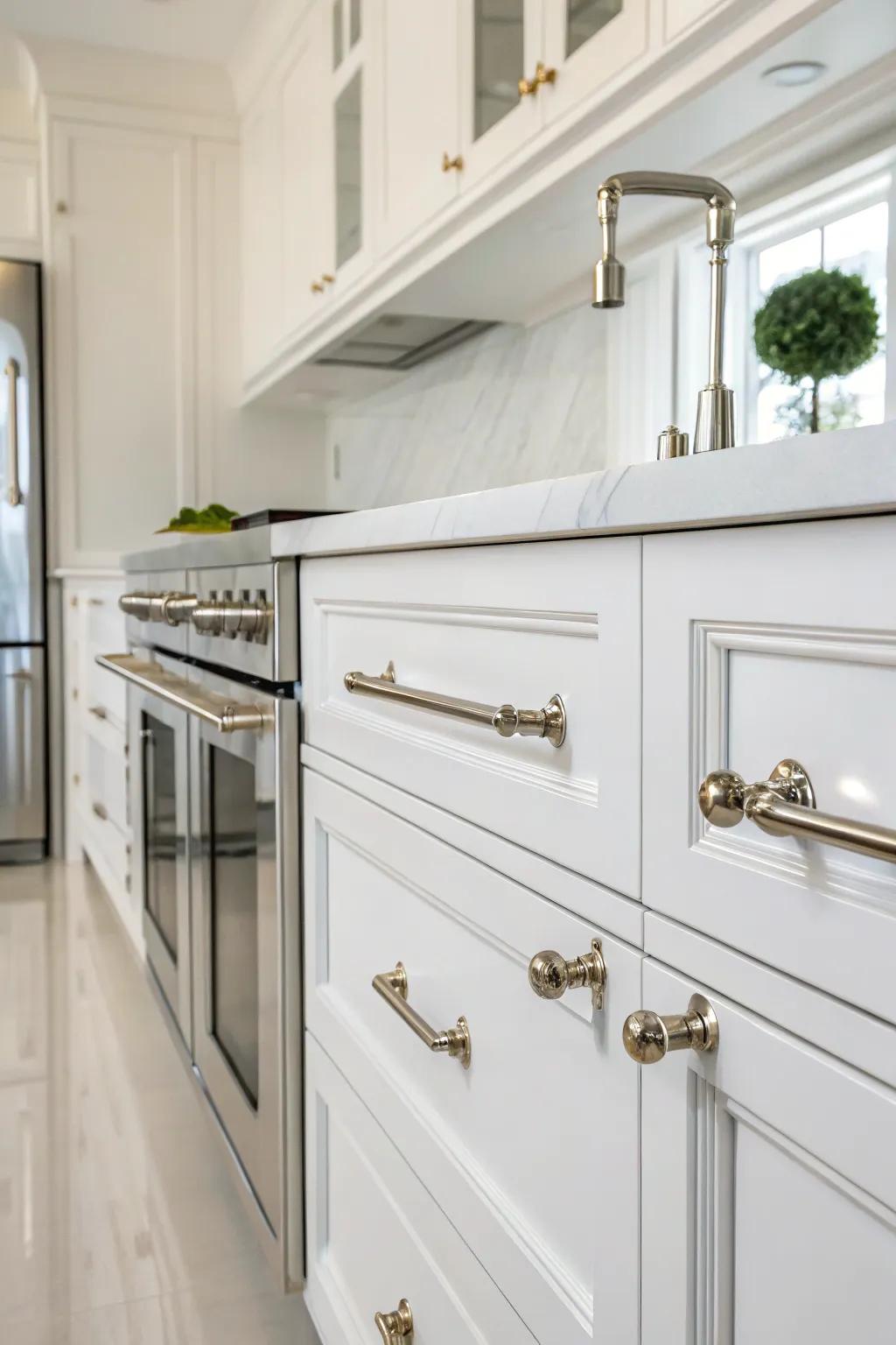 Sophisticated polished nickel hardware for a sleek look.