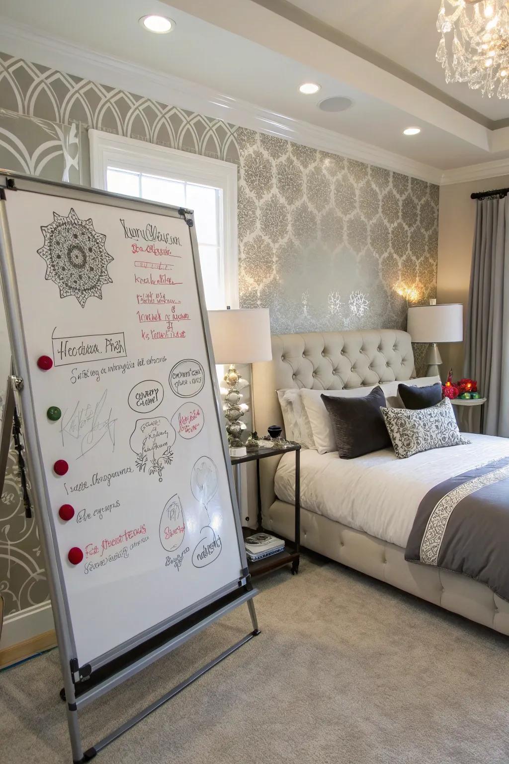 Adhesive graphics personalize the whiteboard with unique flair.
