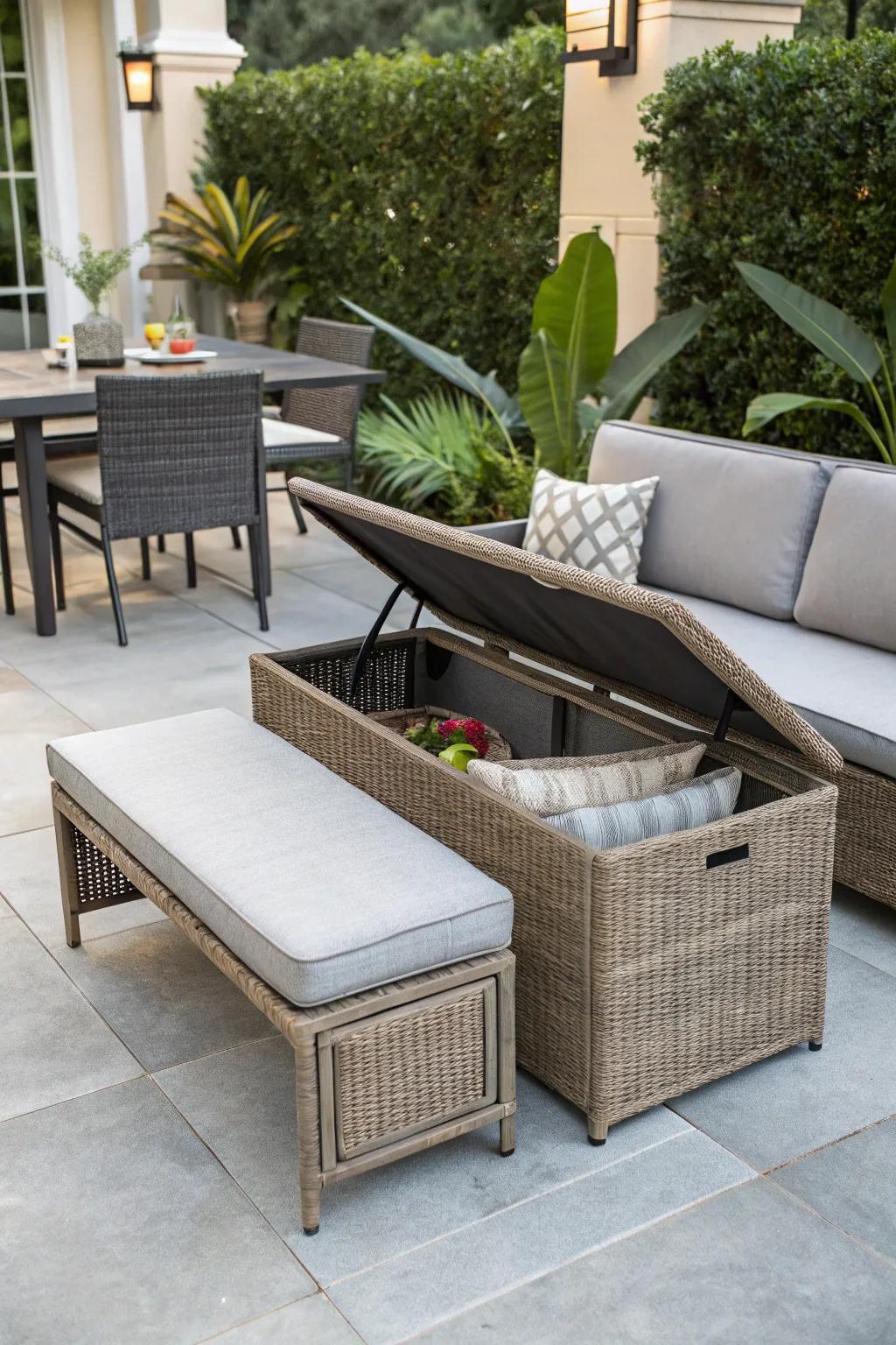 Optimizing space via multi-functional wicker furniture.