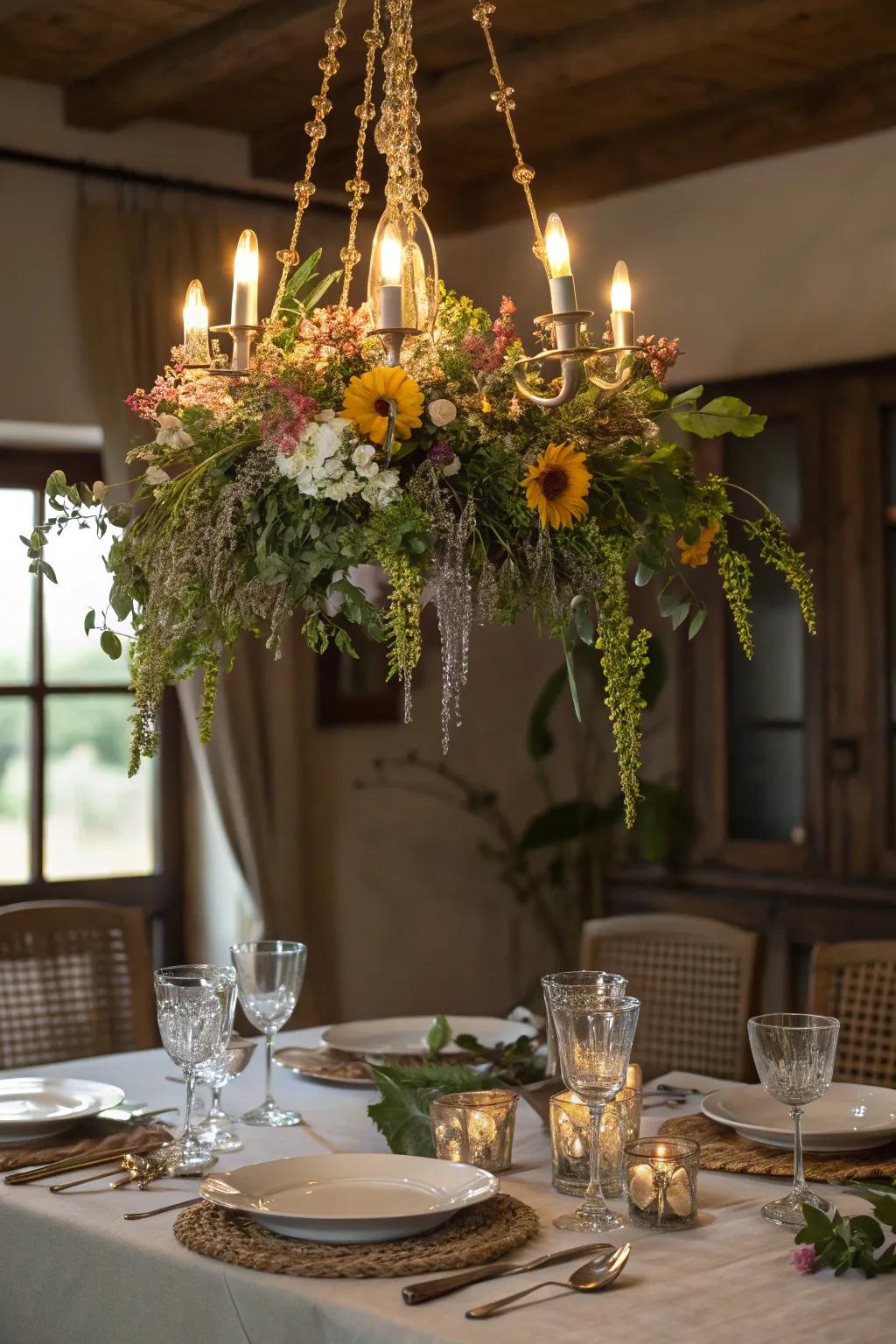 A wildflower-draped chandelier introduces a magical impression into whichever space.