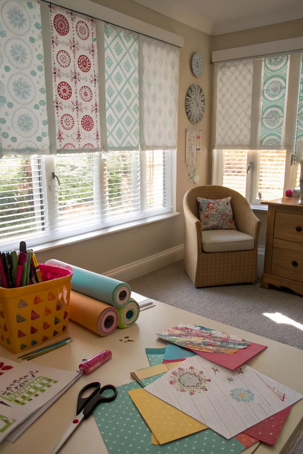 A craft room is made more lively with custom-printed blinds.