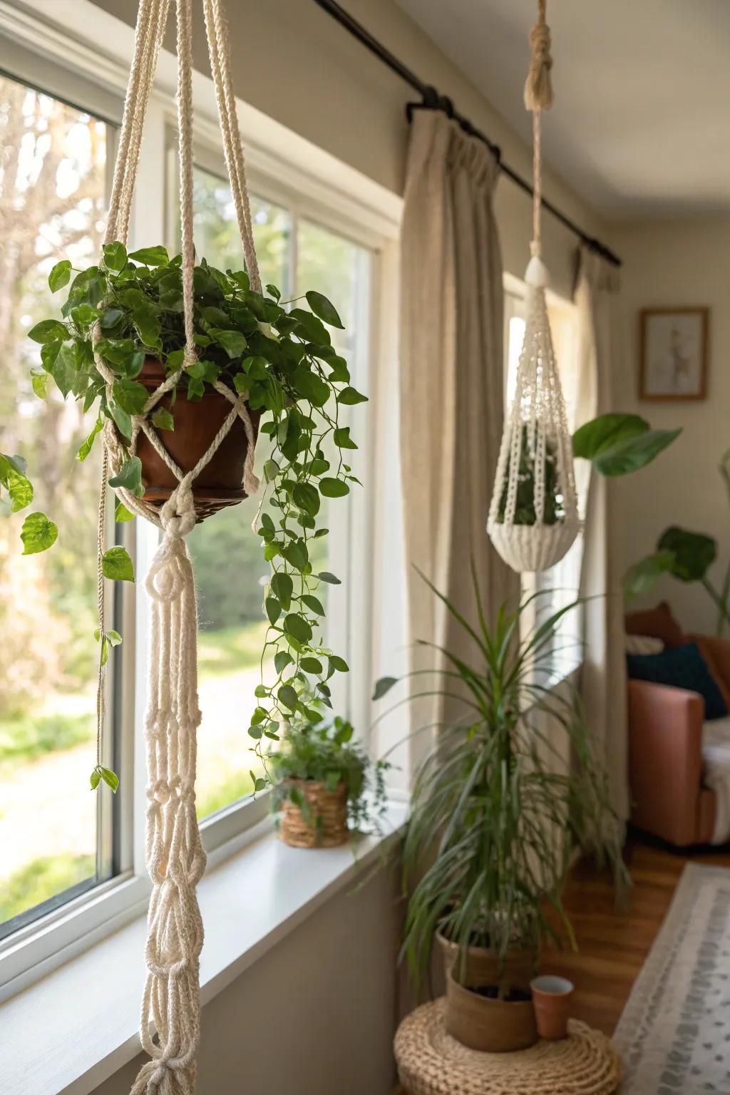 Incorporate greenery with stylish macramé plant hangers.