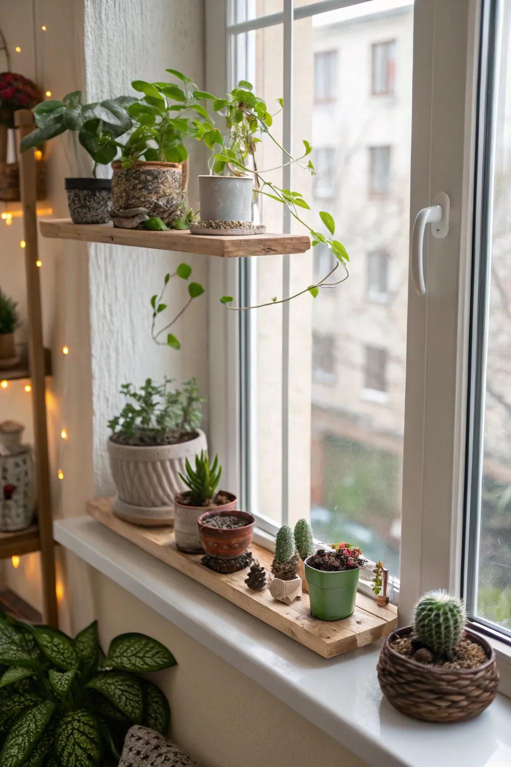 Floating ledges maximize space for décor above the window sill.