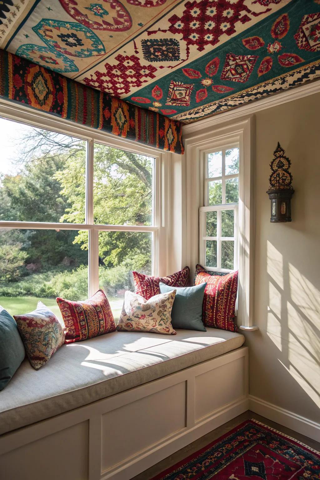 A striking ceiling design imparts drama and visual interest to your window seating area.