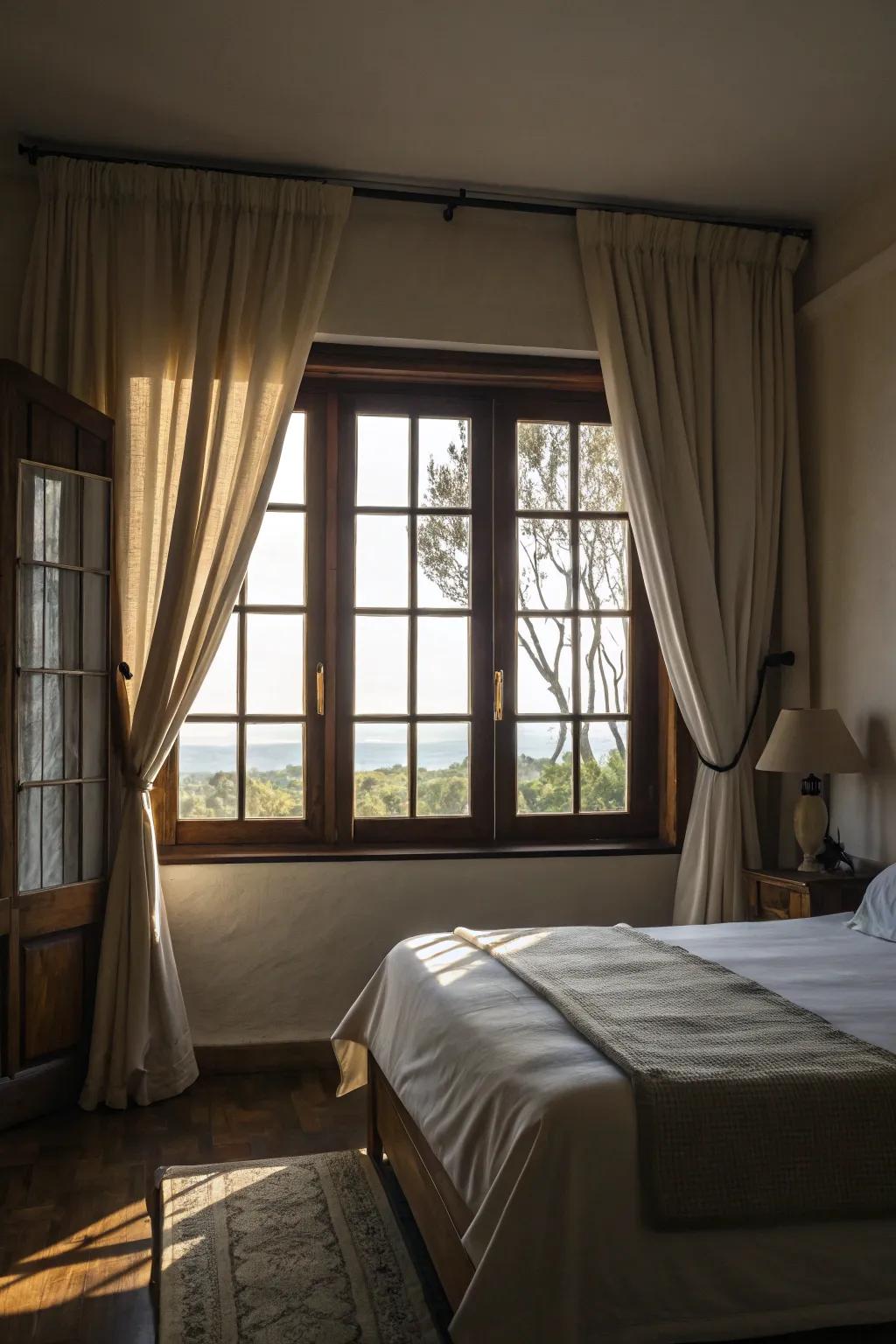 Darkening coverings ensure privacy and darkness for a restful sleep.