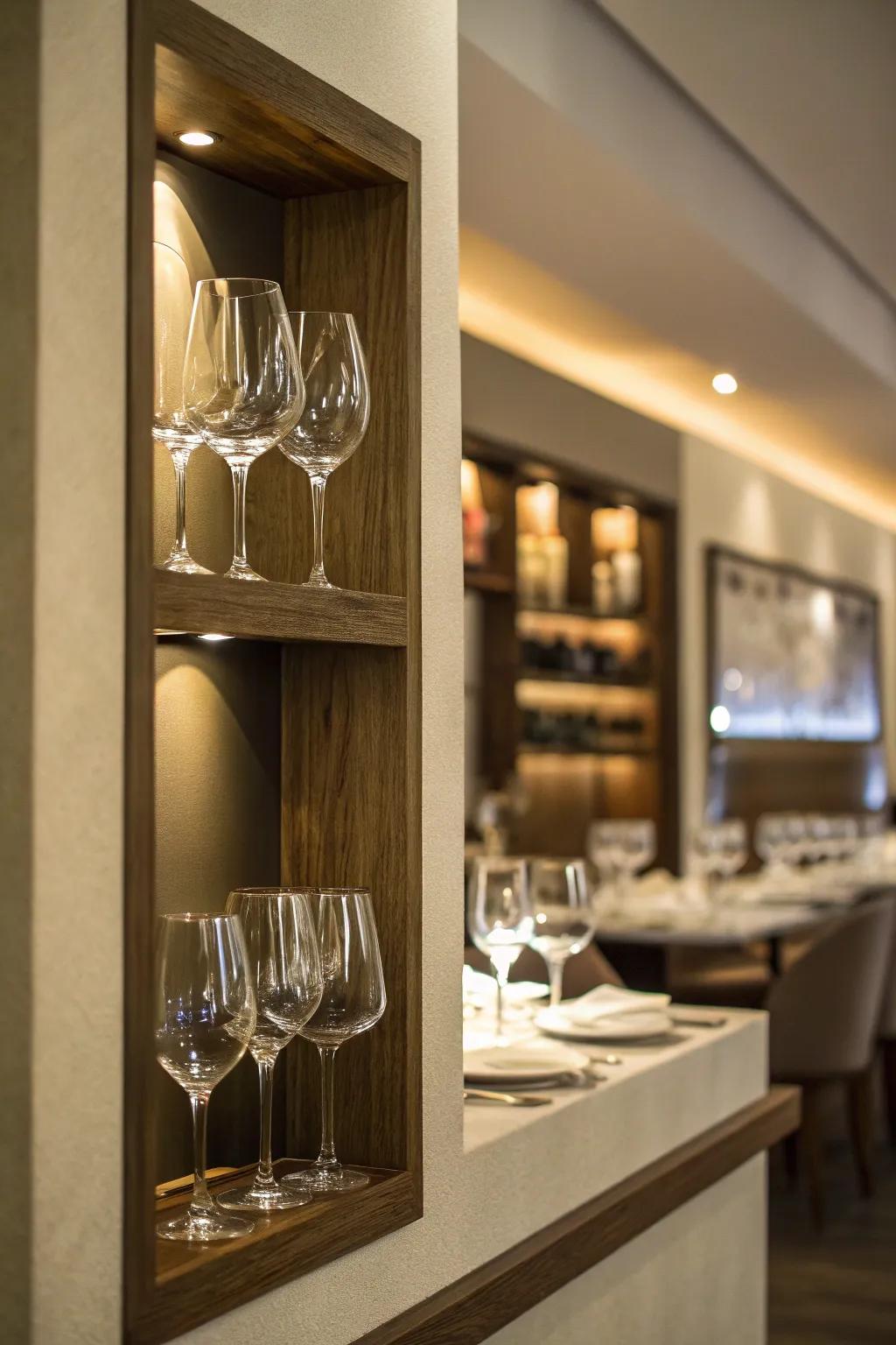 A sleek recessed wall alcove for wine glasses.
