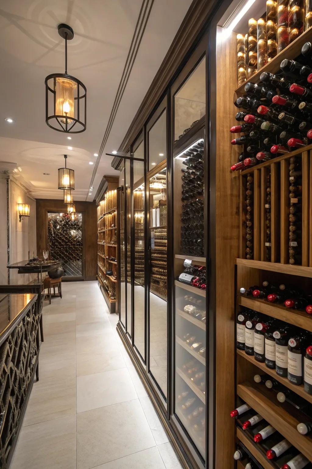 Mirrors utilized to expand the space and improve the lighting in the wine room.