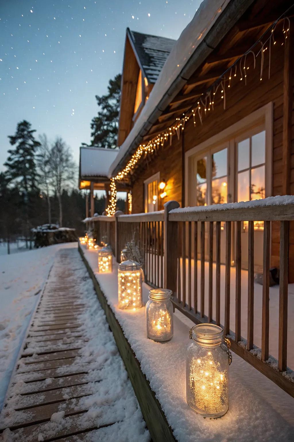 Glass containers filled with sparkle lights enchant this winter porch.