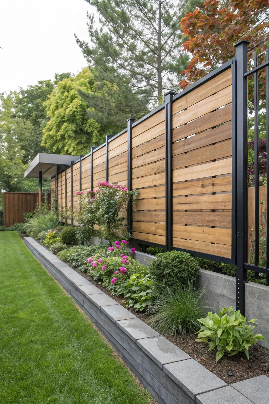 A striking fence featuring floating timber sections and metallic supports.