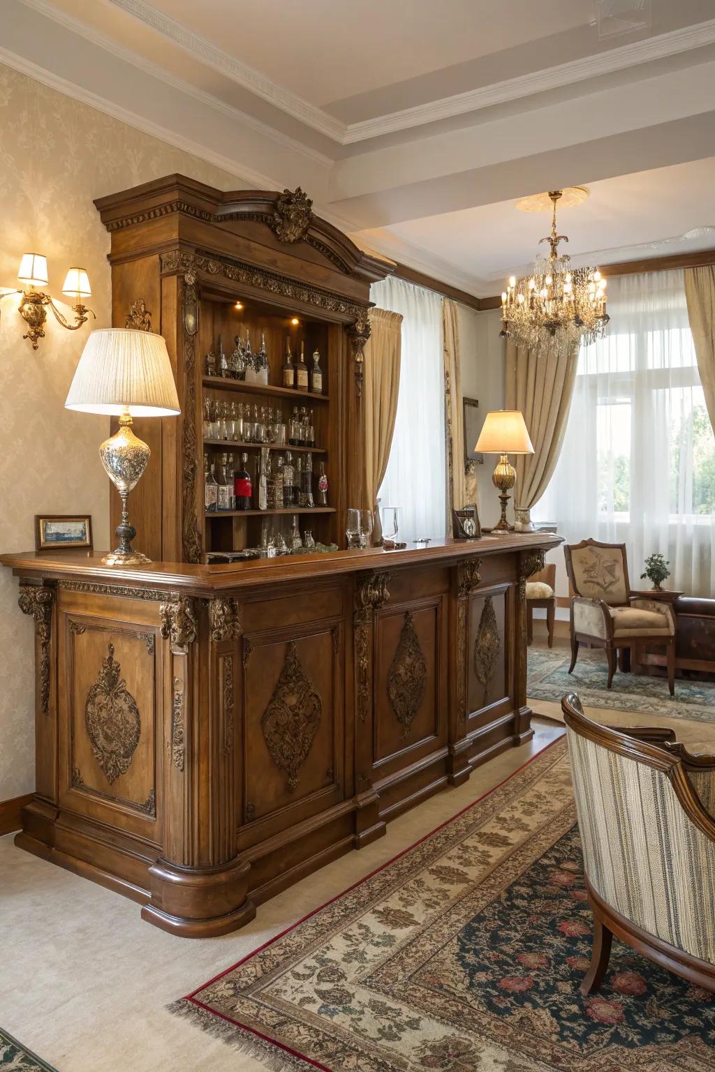 An antique timber bar providing vintage elegance.