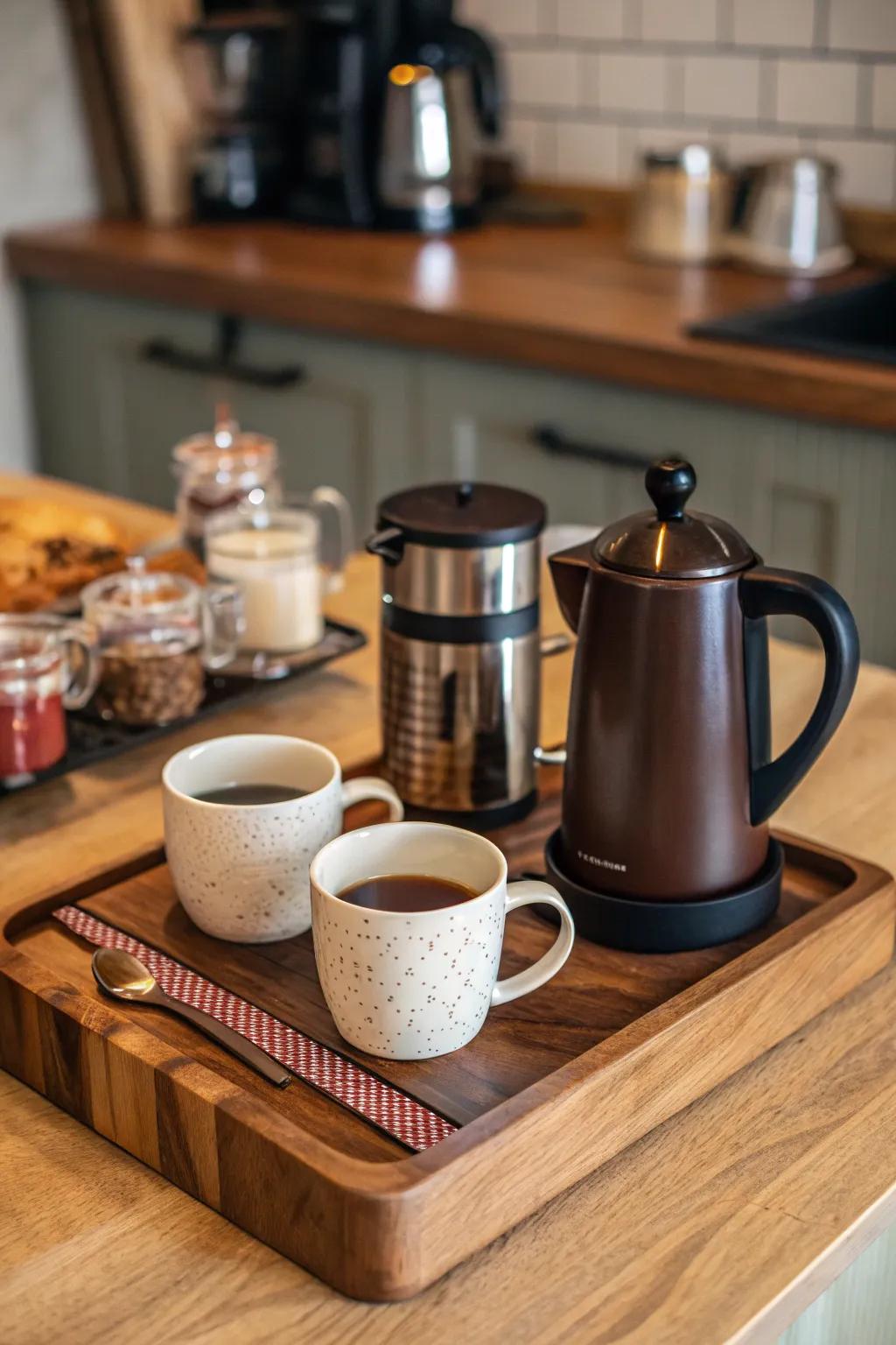Design a cozy coffee or tea area using a wooden board.