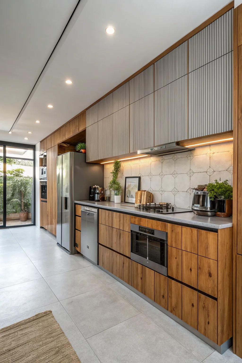 Material fusion with wood panels adds a current edge.