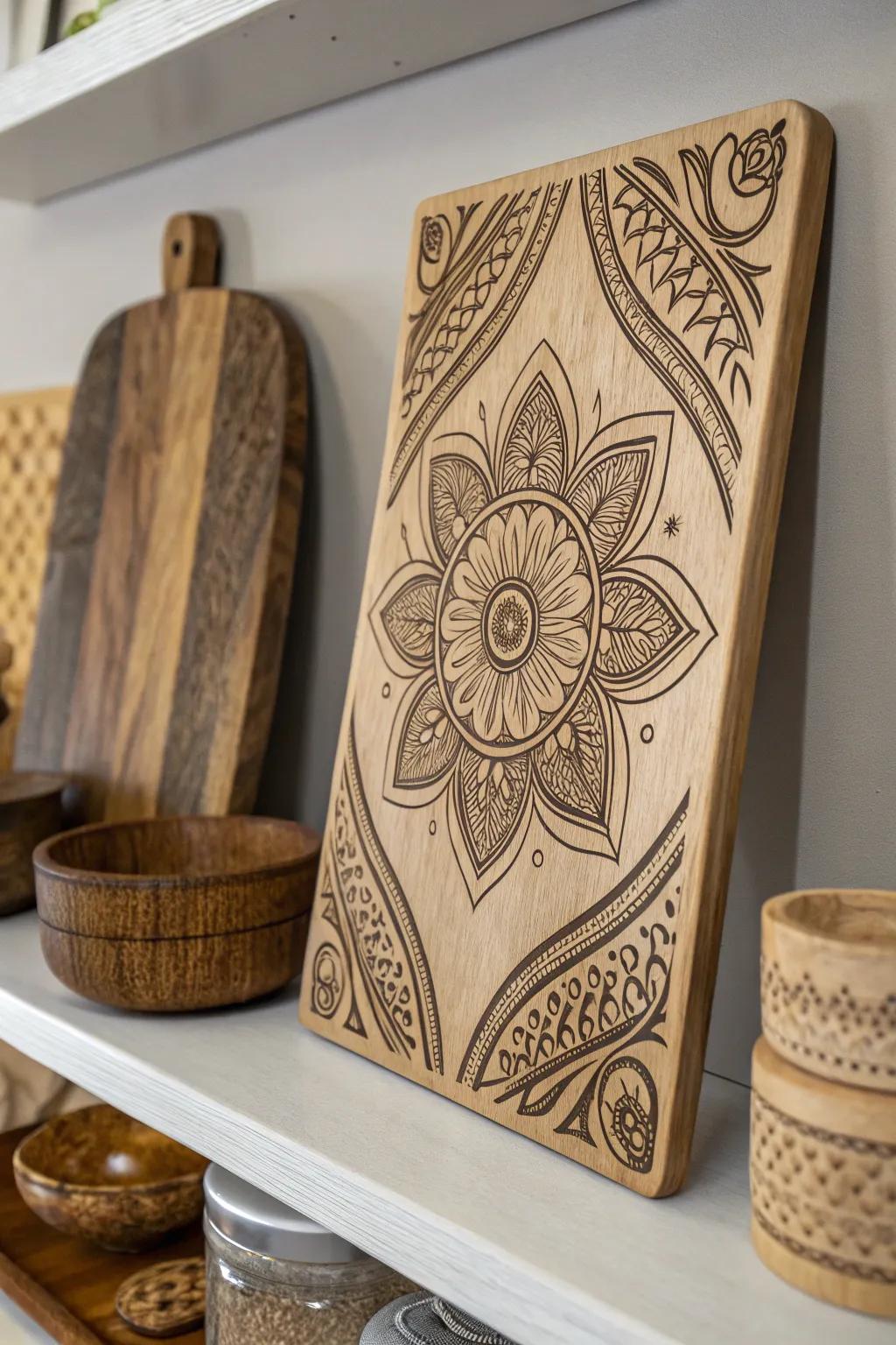 Explore the interplay of texture and detail with wooden scorching artistry.