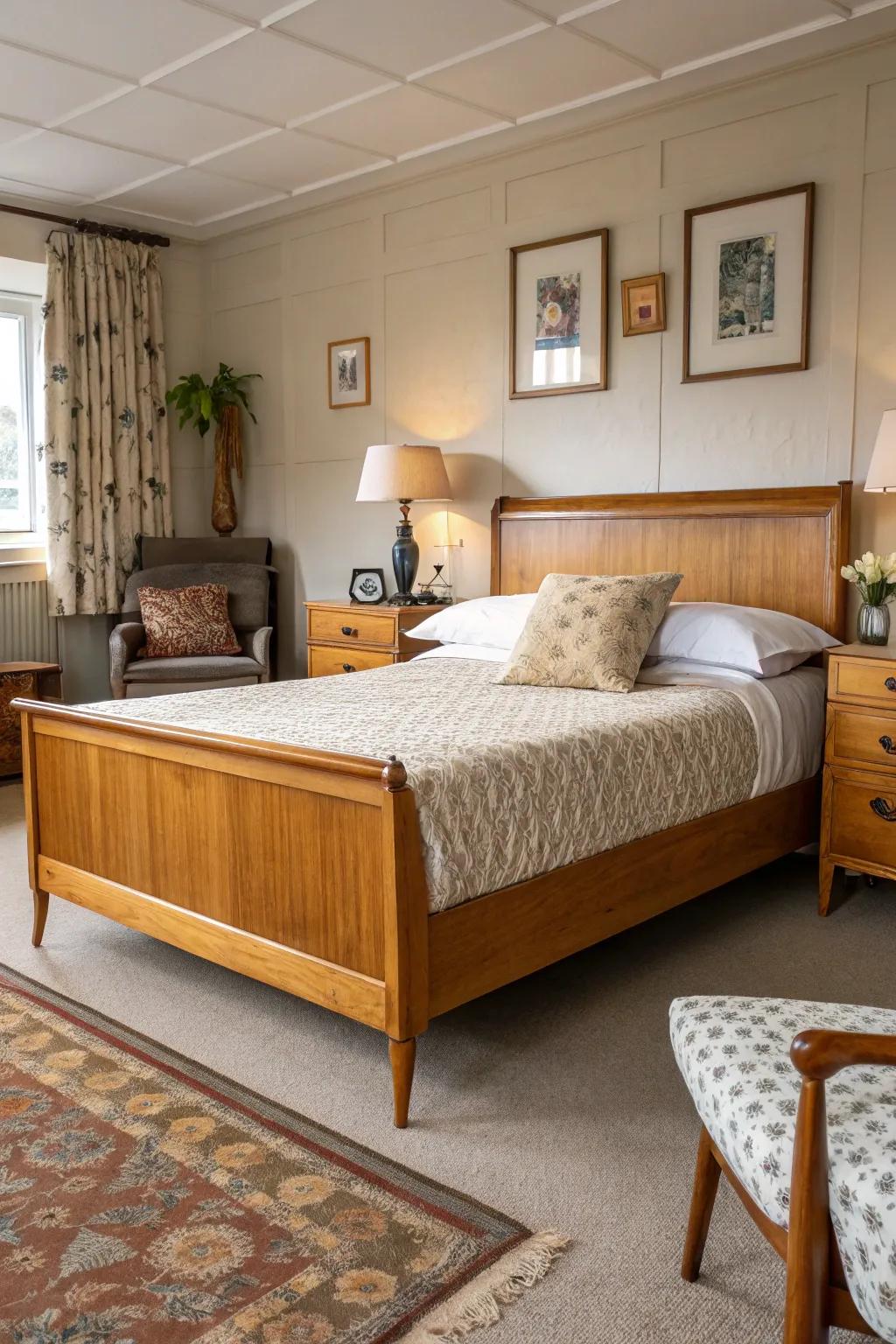 Mid-century modern style adds timeless charm to this wood bed.