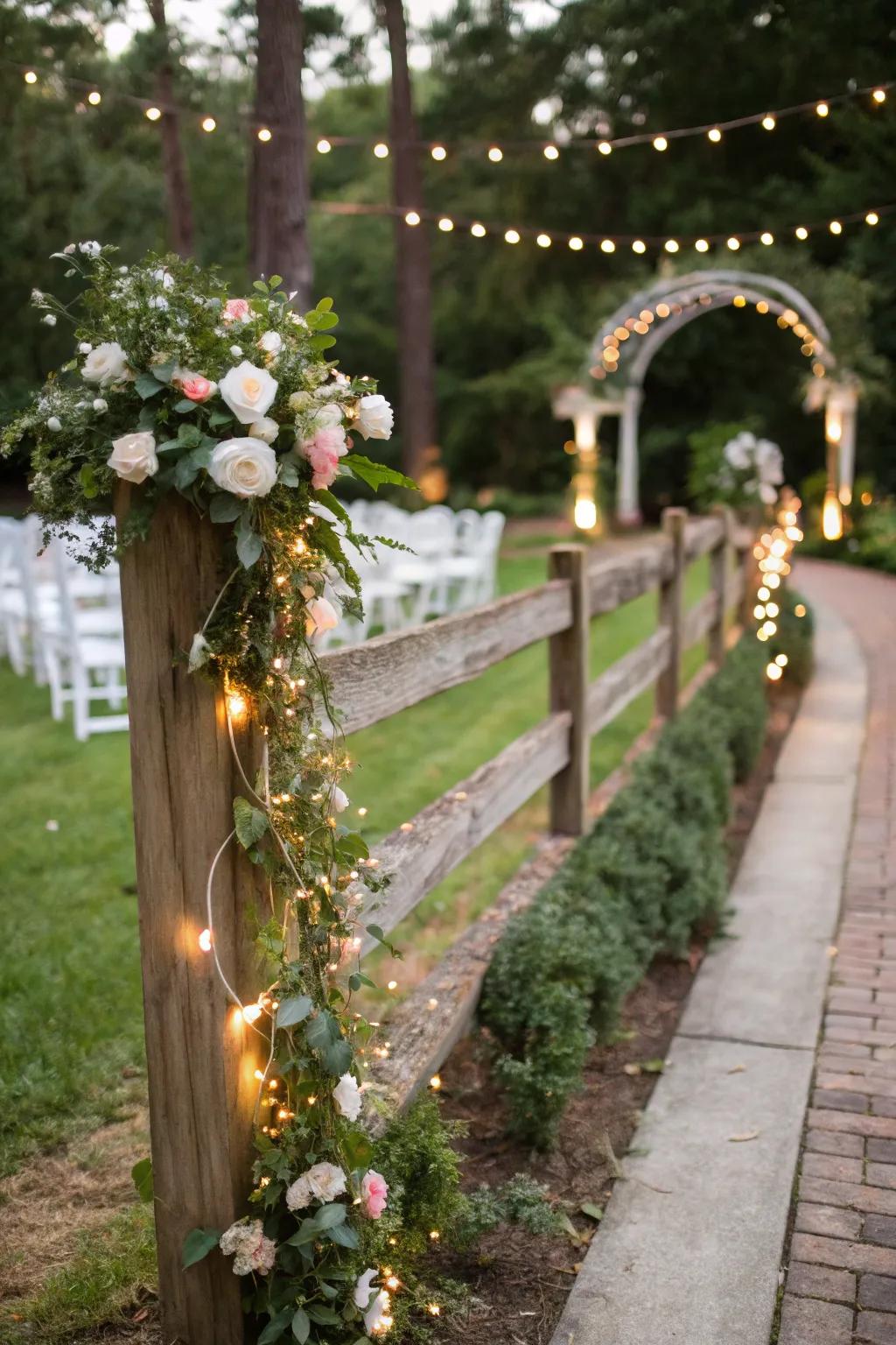 A rustic timber picket introduces countryside appeal to wedding backdrops.