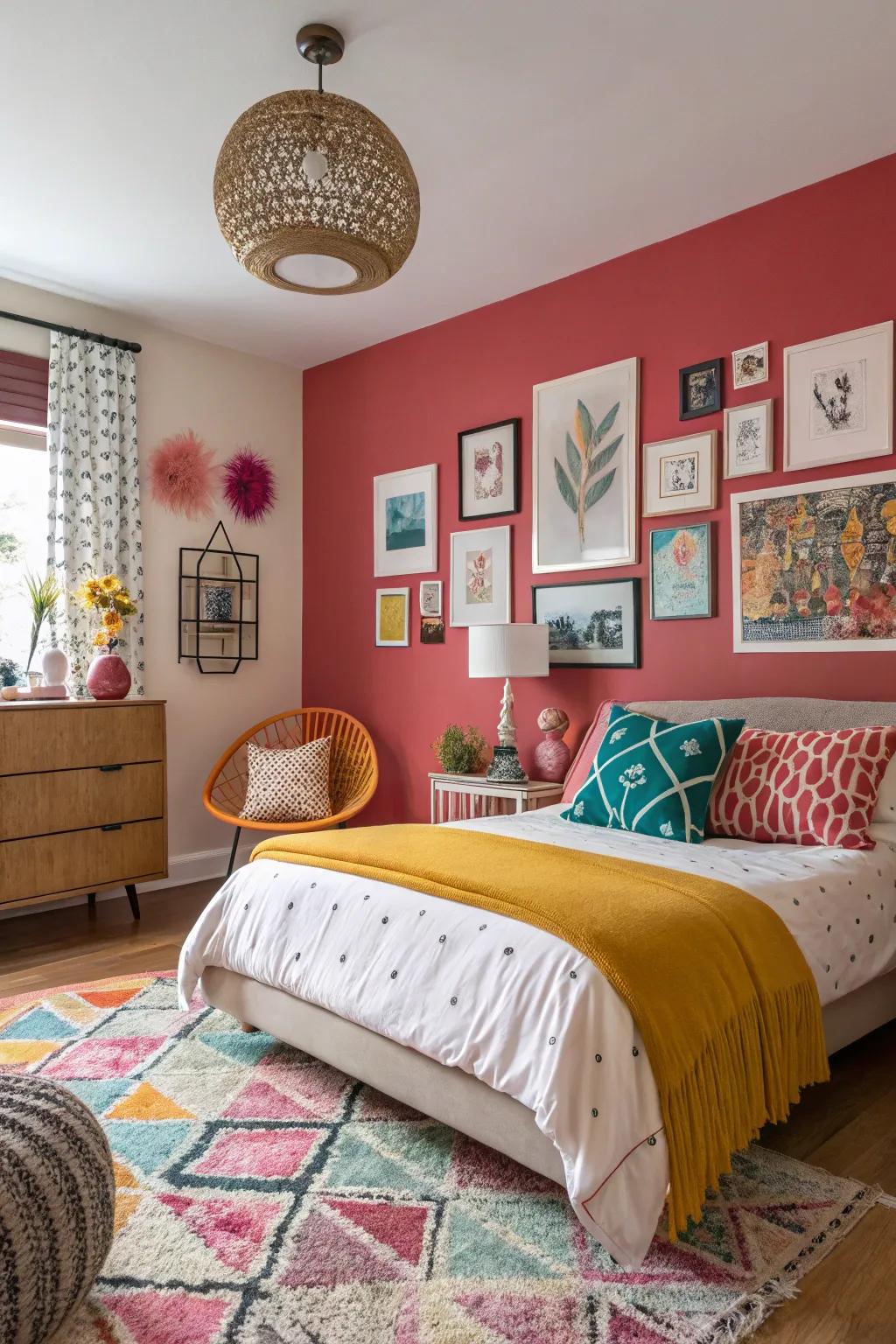 A striking accent wall transforms the bedroom’s aesthetic.